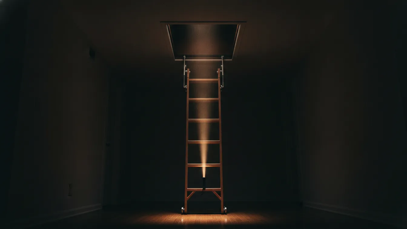 An open attic hatch in a hallway ceiling with a ladder and a flashlight beam
