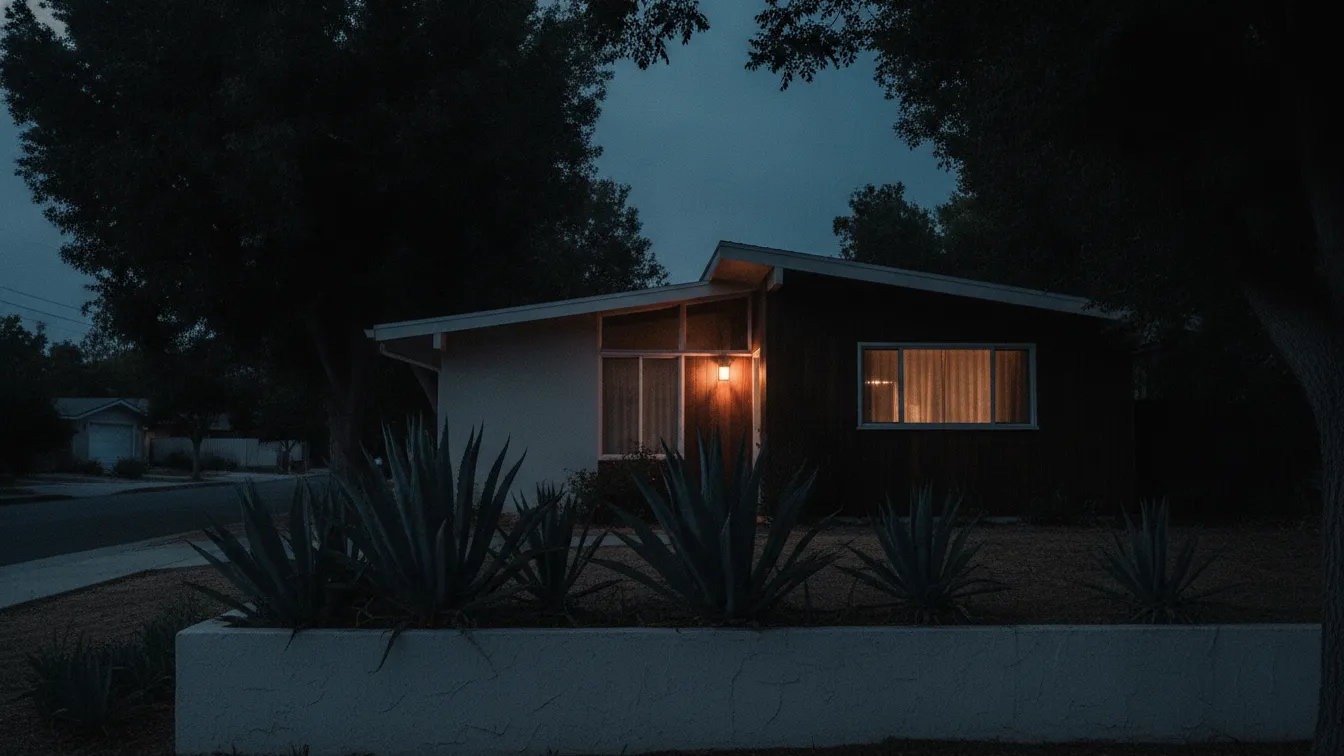 A ranch house at blue hour with a warm porch light