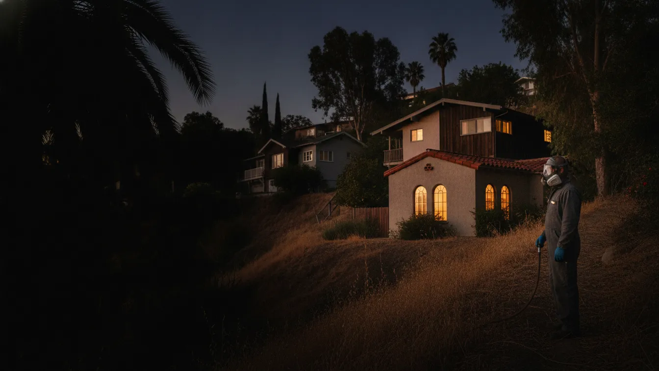 A Spanish-style stucco bungalow with a tile roof on a Los Angeles street at dusk