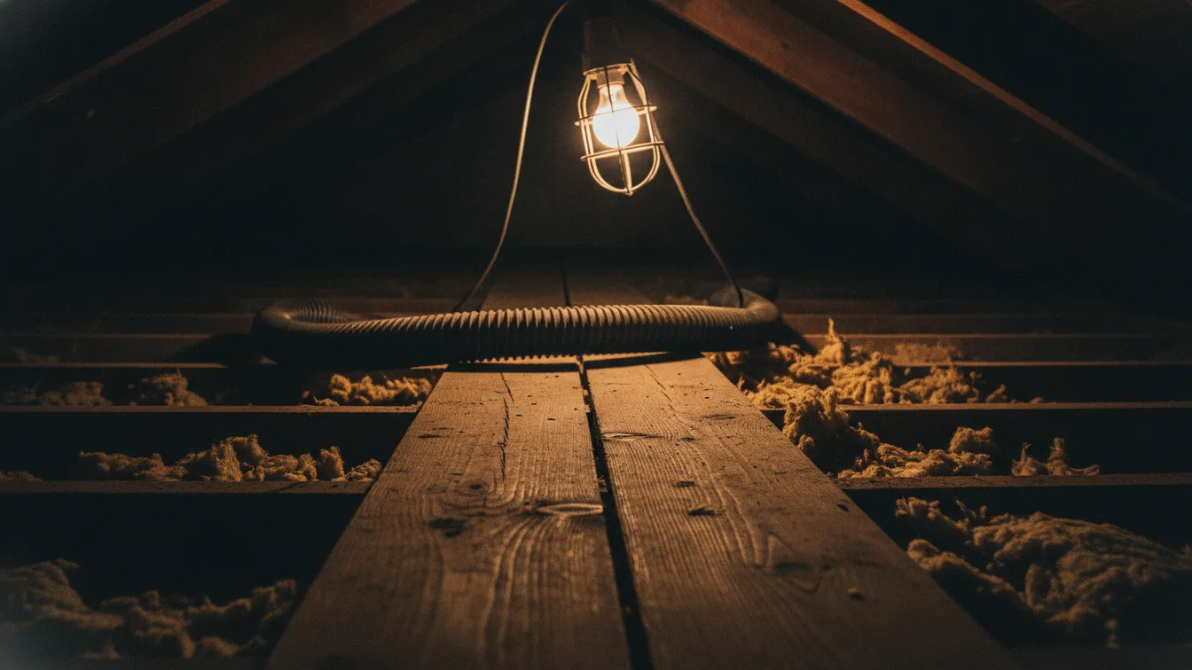 A vacuum hose on a plank over attic joists with old insulation at the edges