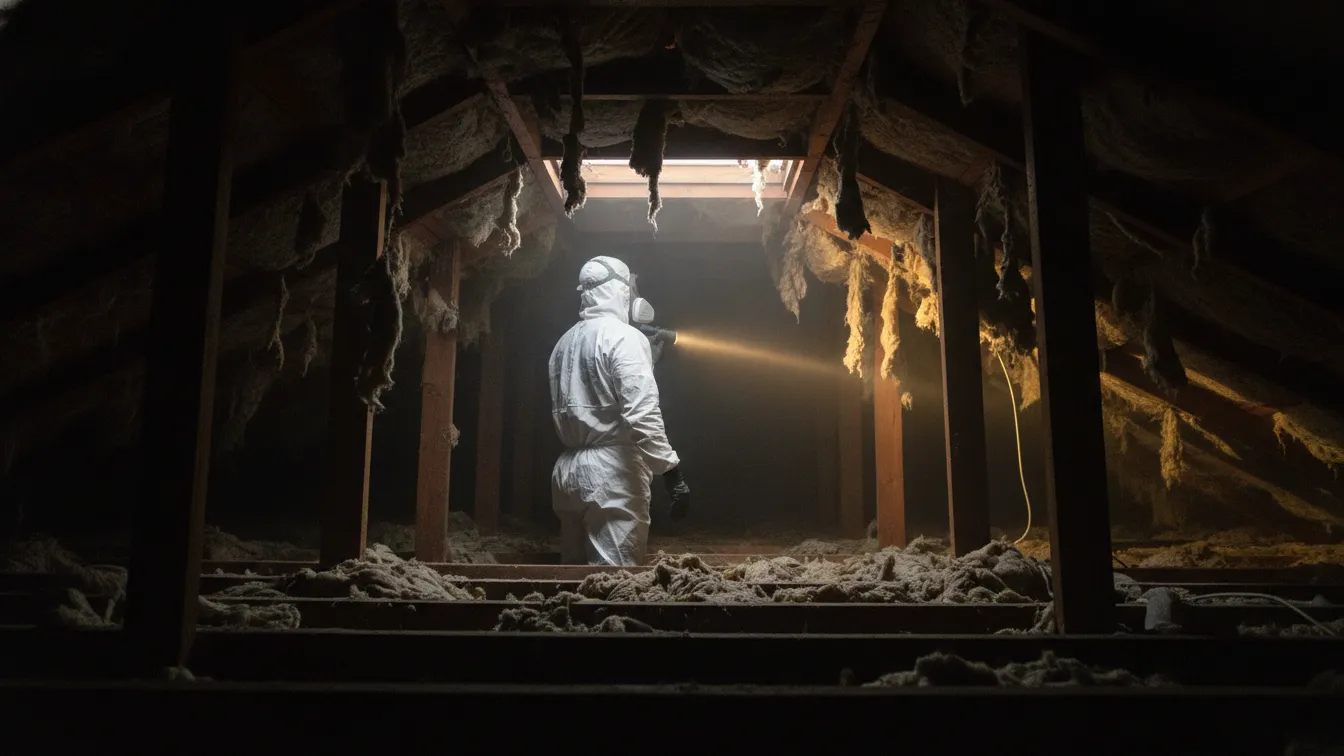 A worker in a respirator with a flashlight in an attic with torn insulation