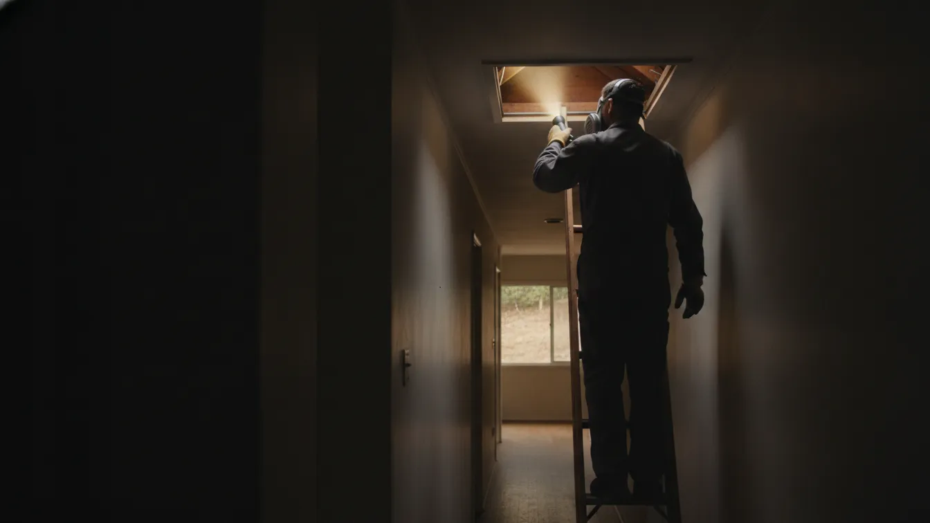 A worker at an attic hatch in a hallway with a flashlight