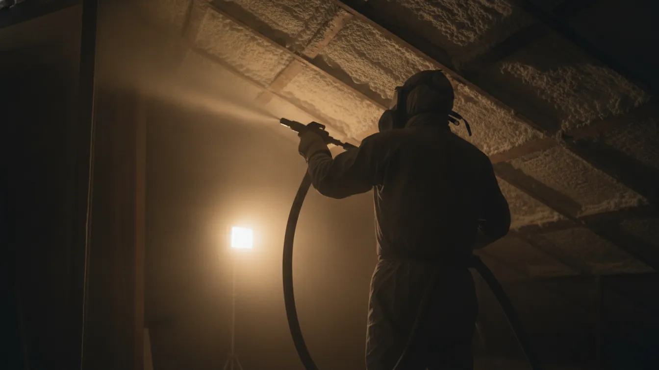 A worker in a respirator and protective suit spraying foam on an attic roof deck